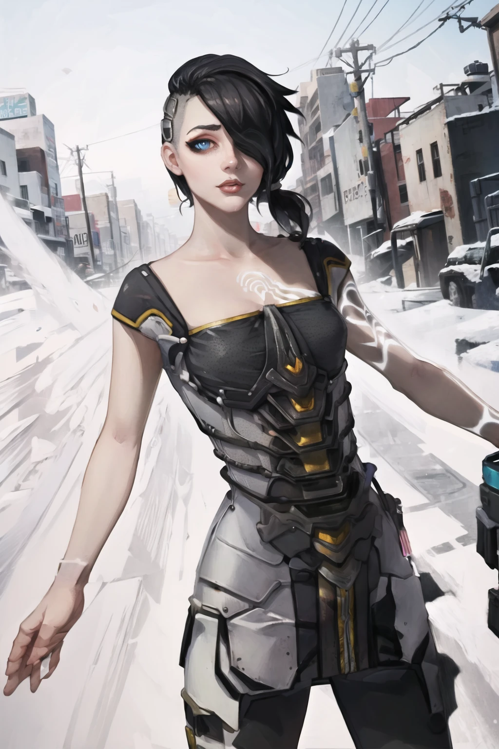 (masterpiece, best quality:1.2), <lora:angel_(borderlands):.95>, angel (borderlands), 1girl, solo, black hair, hair over one eye, tattoo, asymmetrical hair, makeup, undercut, lips, cowboy shot, arm tattoo, outdoors, blue eyes,