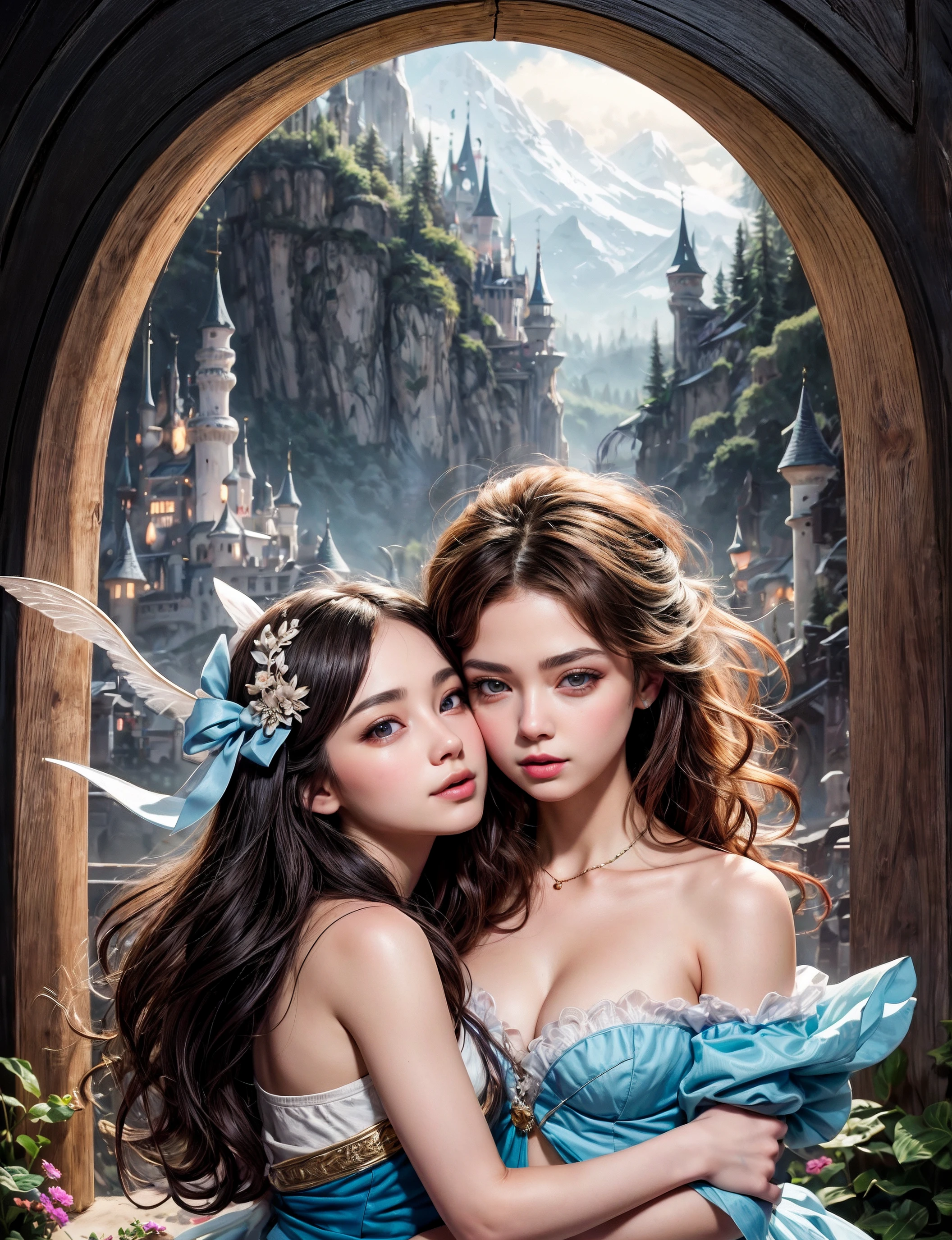 masterpiece, best quality, two girls hugging from below on an (enchanted:1.3) (magical:1.3) (bridge), digital painting,2girls, dreamlike, face focus, intricate details, sharp focus, trending on artstation, art by lois van baarle and loish and ross tran and rossdraws and sam yang and samis arts and artgerm, fairy tales, pixar, disney, dreamworks style, surrounded by magic on a dreamlike mountain, rendered in intricate detail in a digital painting with sharp focus, inspired by fairy tales and animated movies from pixar, Disney, and dreamworks, and created by the talented artists lois van baarle, Loish, Ross Tran, Rossdraws, sam yang, samis arts, and artgerm, Trending on Artstation, this artwork is sure to capture hearts with its delightful charm, <lora:add_detail:0.7> <lora:epiNoiseoffset_v2-pynoise:1.5>