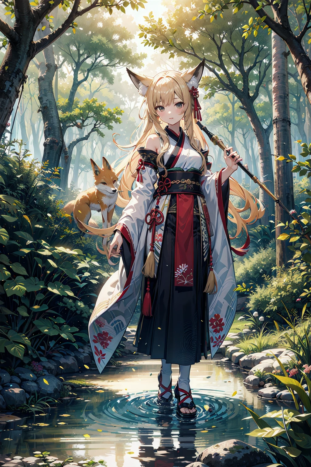 Masterpiece, highres, HDR, best quality, 1girl, blonde, fox girl, forest, mangrove trees, small river, shadows, hanfu, medium breasts, intricate details