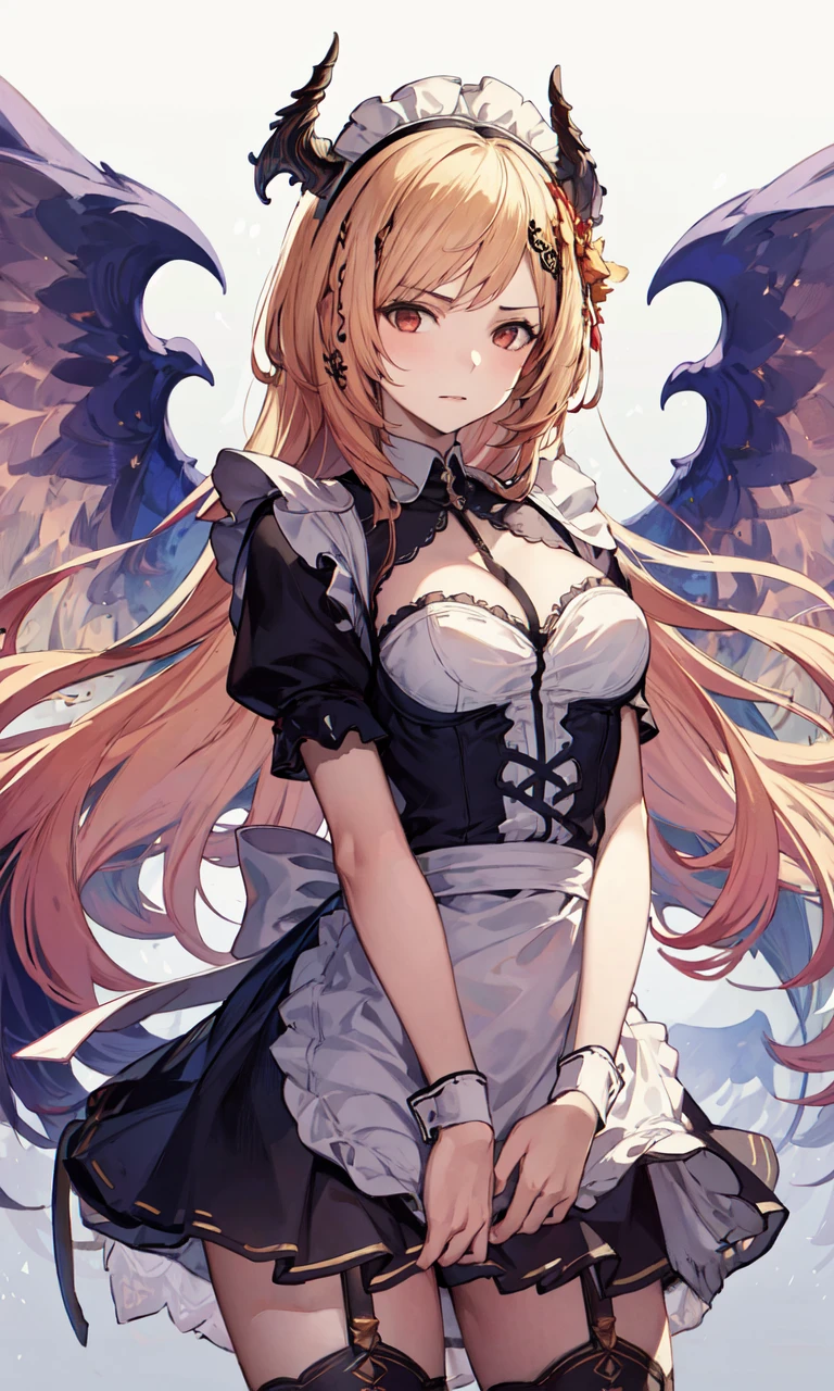 (masterpiece),(best quality),extreamly delicate and beautiful,illustration, 1girl, d-angel-olivia, maid, maid headdress, enmaided, maid apron, covering crotch, v arms,   cowboy shot,  <lora:d-angel-olivia-000006:1>