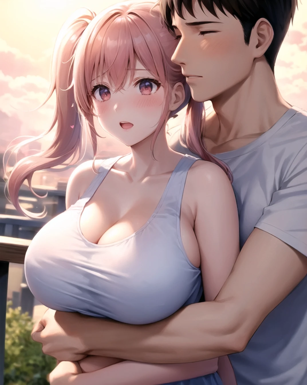 1boy, 1girl, outdoors,lens flare,cloudy, blush,t-shirt, side ponytail, tank top, large breasts, hug, ((hug from behind)), cleavage, spoken hearts squiggle, upper body, white shirt,<lora:HUGGY:0.7>
