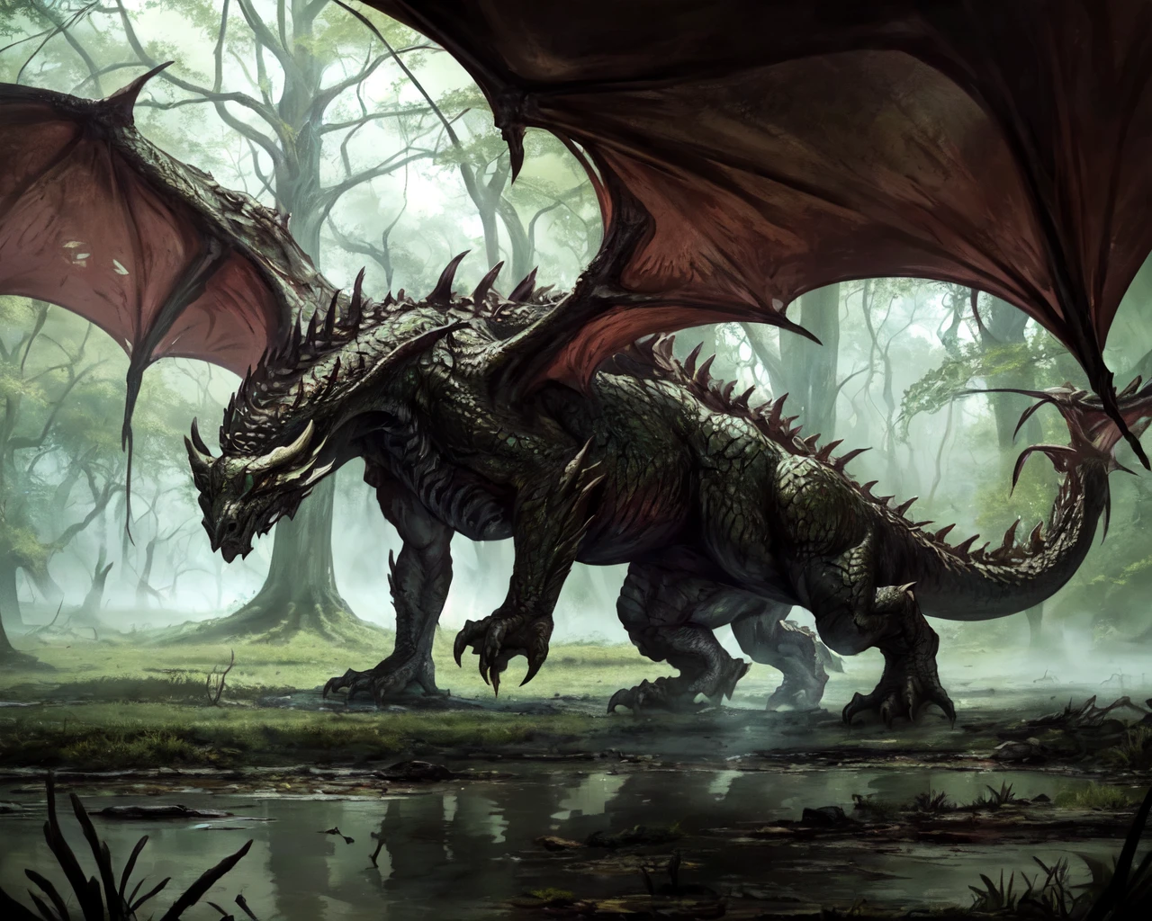 <lora:undead dragon:0.6> undead dragon, at a swamp,
(masterpiece), best quality, highres, 4k, 8k, Detailed Illustration, intricate detail, cinematic lighting, amazing quality, amazing shading, soft lighting