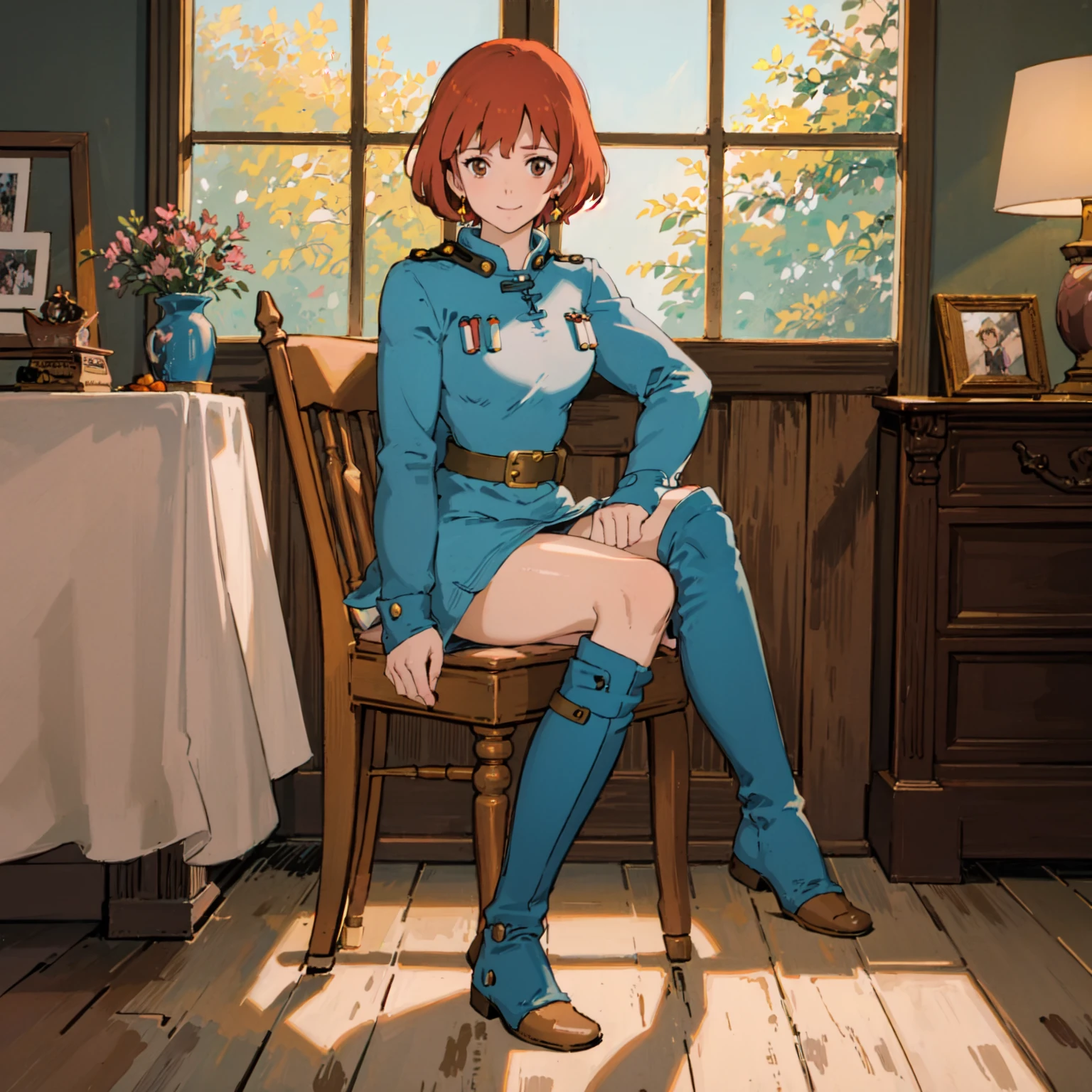 masterpiece, high quality, 1girl,, (masterpiece:1.4), (best qualit:1.4), (high resolution:1.4), 1girl, redhead, brown eyes, smile, Nausicaa, sit on a chair, no panties, high boot, colorful, full body, ghibli style, sfw,  <lora:Nausicaa-000007:0.8>