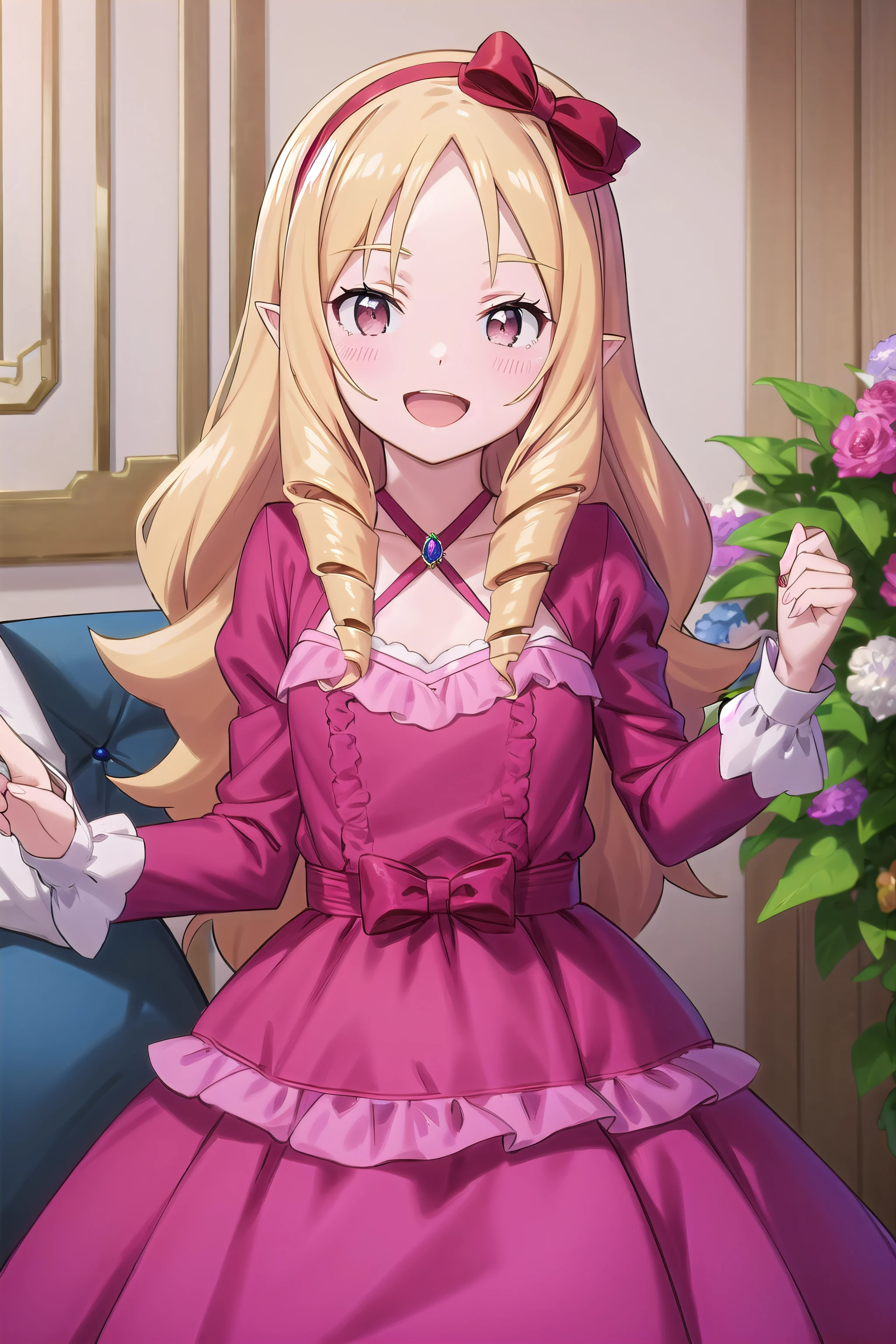 best quality, (masterpiece:1.2), highly detailed,
indoors, living room,
<lora:chara_Eromanga-sensei_YamadaElf_v2:0.8>, yamada elf,
1girl, solo, standing, upper body, looking at the viewer, open mouth, smile,
blonde hair, long hair, drill hair, brown eyes, pointy ears,
(pink dress:1.4), long sleeves, frills, red hairband, criss-cross halter, red bow, (jewelry:1.4)