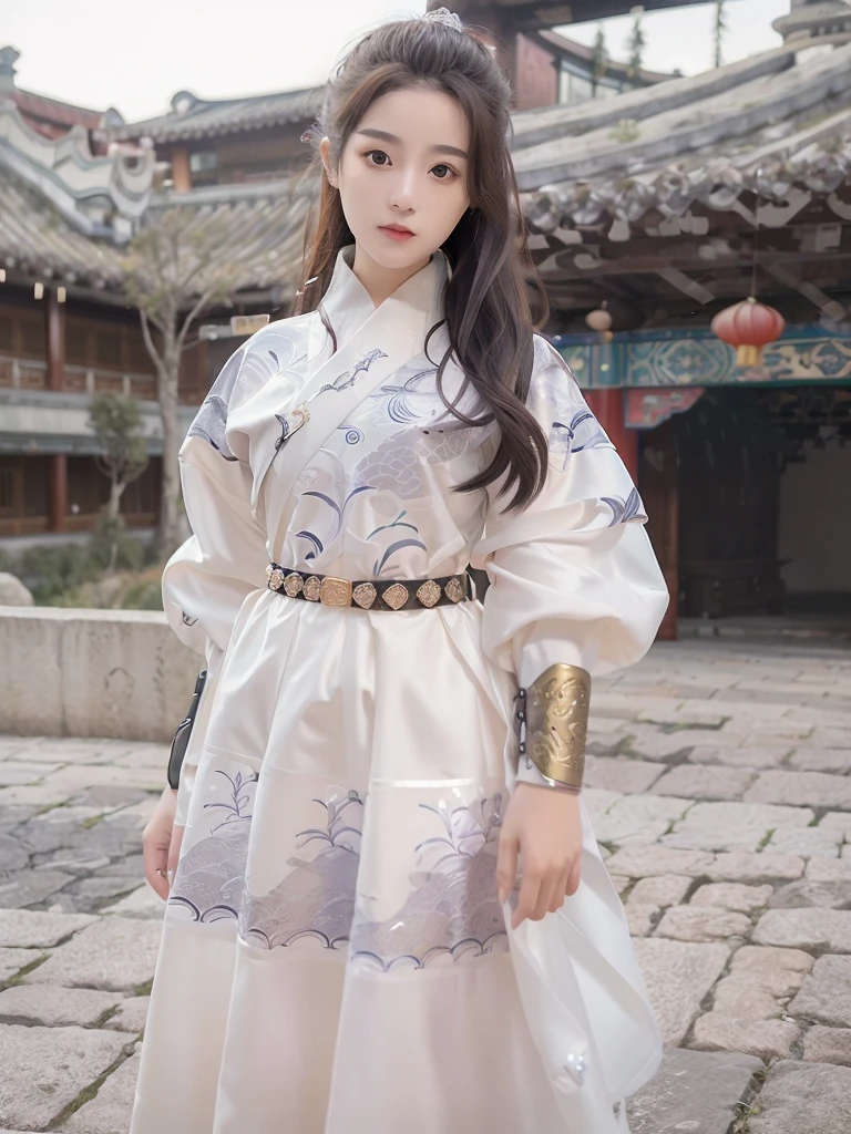1girl,white fabric, golden embroidery, black belt with golden embroidery, white collar, wearing the feiyu_clothes, standing, black bracer with golden embroidery,(RAW photo, best quality), (realistic, photo-realistic:1.4), masterpiece, an extremely delicate and beautiful, extremely detailed, 2k wallpaper, Amazing, finely detail, extremely detailed CG unity 8k wallpaper, ultra-detailed, highres, soft light, beautiful detailed girl, extremely detailed eyes and face, beautiful detailed nose, beautiful detailed eyes,cinematic lighting,city lights at night,perfect anatomy,slender body,smiling <lora:FYF_v123:0.9> <lora:Cute_girl_mix4:0.7>