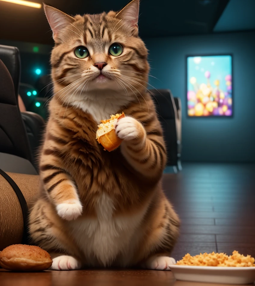 Cute small cat sitting in a theater eating chicken wiggs watching a movieeal engine, cozy indoor lighting, artstation, detailed, digital painting,cinematic,character design by mark ryden and pixar and hayao miyazaki, unreal 5, daz, hyperrealistic, octane render