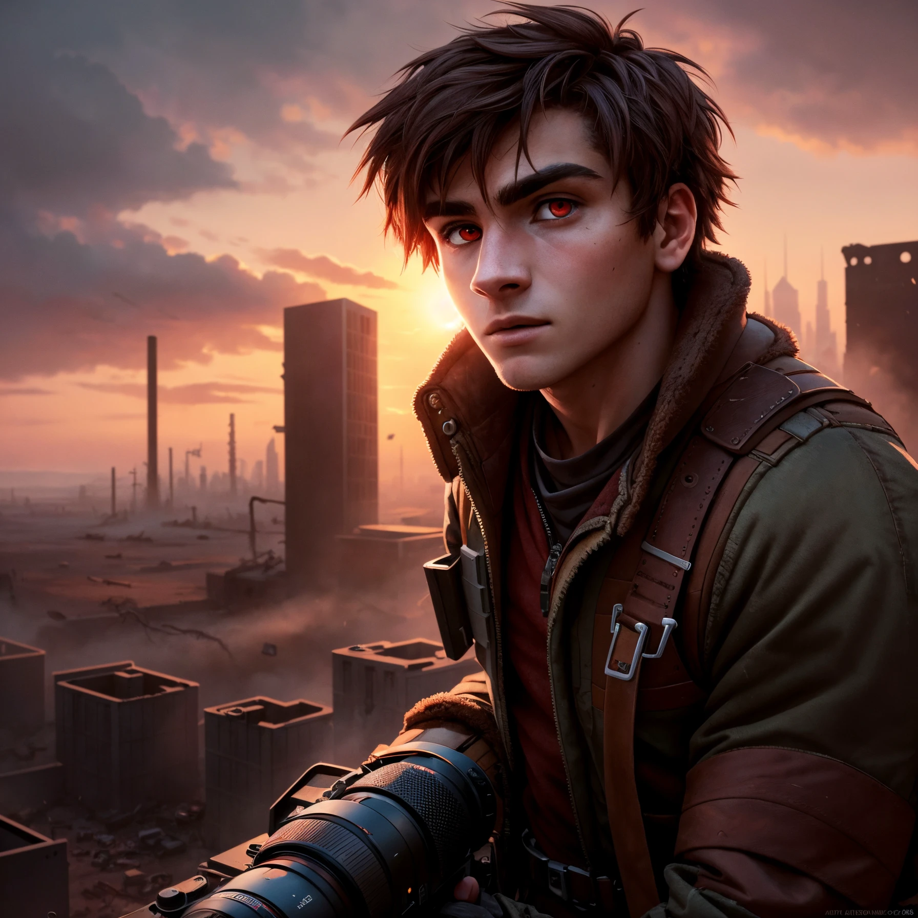 An 18 year old man postapocalyptic outfit, (epic post apocalyptic destroyes city overgrown ruins), detailed background, red eyes, close-up, amazing fine detail, RAW photo, Nikon D850 film stock photograph Kodak Portra 400 camera f1.6 lens, rich colors, lifelike texture, dramatic lighting, unreal engine, trending on ArtStation, cinestill 800 tungsten, ((new dawn on horizon))
