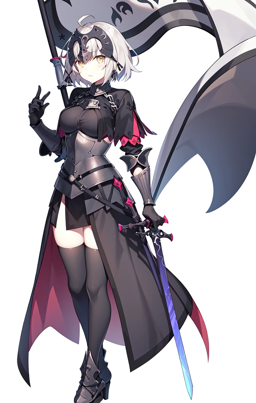 A2nd, 1.1Clothing, 1girl, solo, weapon, sword, full body, white background, flag, holding, simple background, looking at viewer, banner, standing
<lora:JeanneAlterv1:0.8>