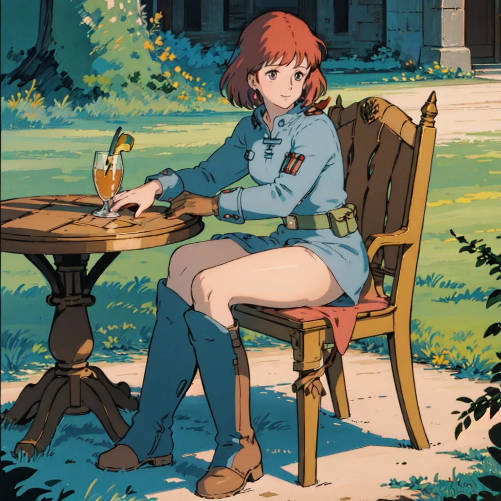 masterpiece, high quality, 1girl,, (masterpiece:1.4), (best qualit:1.4), (high resolution:1.4), 1girl, redhead, brown eyes, smile, Nausicaa, sit on a chair, no panties, high boot, colorful, full body, ghibli style, sfw,  <lora:Nausicaa-000007:0.8>