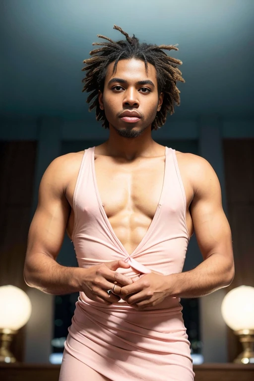(short_dreads_hairstyle:1.3),man posing for a photo, wearing elegant, pink dress,
good hand,4k, high-res, masterpiece, best quality, head:1.3,((Hasselblad photography)), finely detailed skin, sharp focus, (cinematic lighting), night, soft lighting, dynamic angle, [:(detailed face:1.2):0.2],(((futuristic city))),       <lora:short_dreads_hairstyle:0.5>