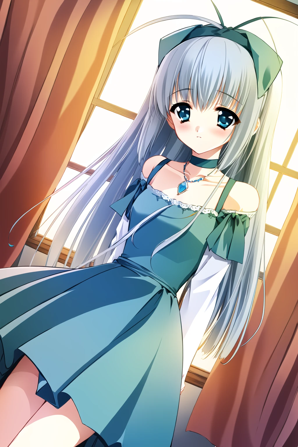 ((masterpiece, high quality, best quality)),
1girl, very long hair, window, dutch angle, blue dress, jewelry, choker, long sleeves, blush, aqua eyes, hairband, necklace, blue eyes, antenna hair, grey hair, looking at viewer, indoors, curtain, hair ribbon, bow, brooch, gem, 
<lora:carnelian-style_v1.0:1.0>
