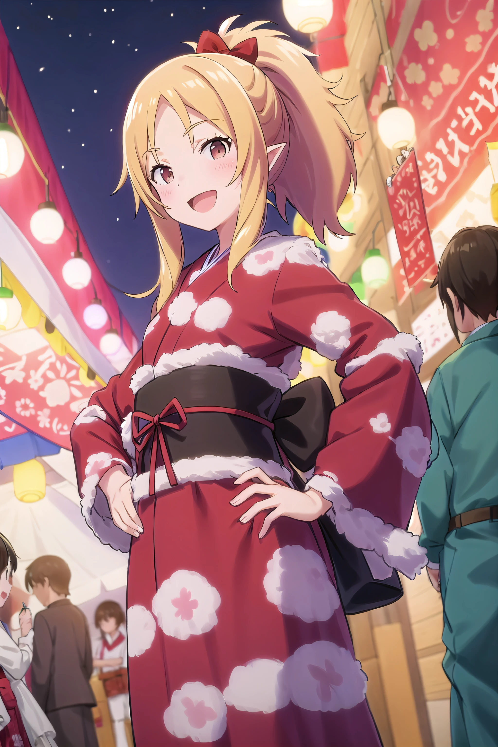 best quality, (masterpiece:1.2), highly detailed,
outdoors, night, festival, stalls, lantern,
<lora:chara_Eromanga-sensei_YamadaElf_v2:0.8>, yamada elf,
1girl, solo, standing, from the front, looking at the viewer, open mouth, smile, hand on hip,
blonde hair, long hair, ponytail hair, brown eyes, pointy ears,
japanese clothes, red yukata, black obi, pink bow, frills