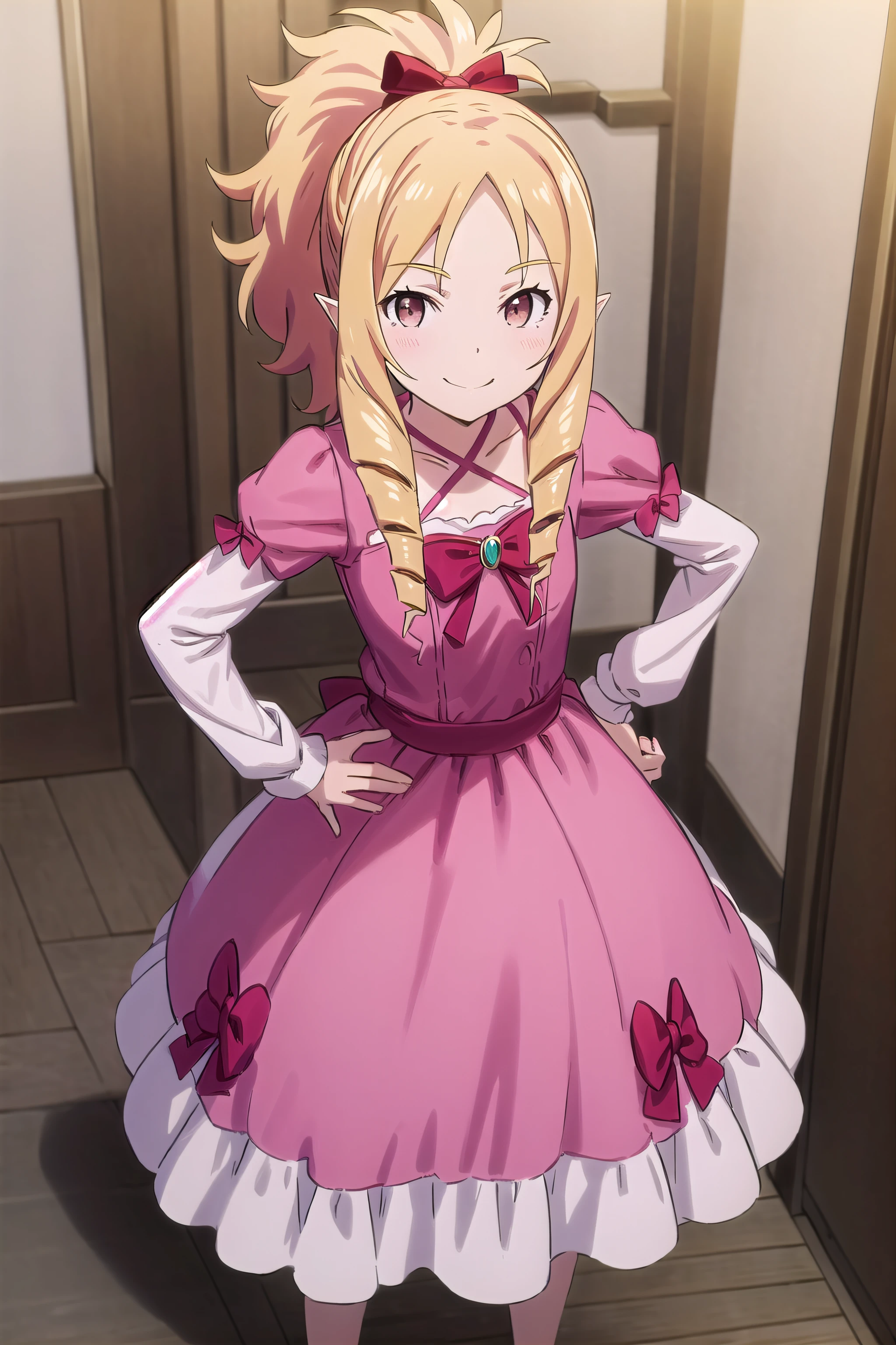 best quality, (masterpiece:1.2), highly detailed,
indoors, 
<lora:chara_Eromanga-sensei_YamadaElf_v2:0.8>, yamada elf,
1girl, solo, standing, looking at the viewer, closed mouth, smile,
blonde hair, long hair, ponytail hair, drill hair, brown eyes, pointy ears, 
(pink dress:1.4), long sleeves, hand on hip, red hairband, criss-cross halter, red bow