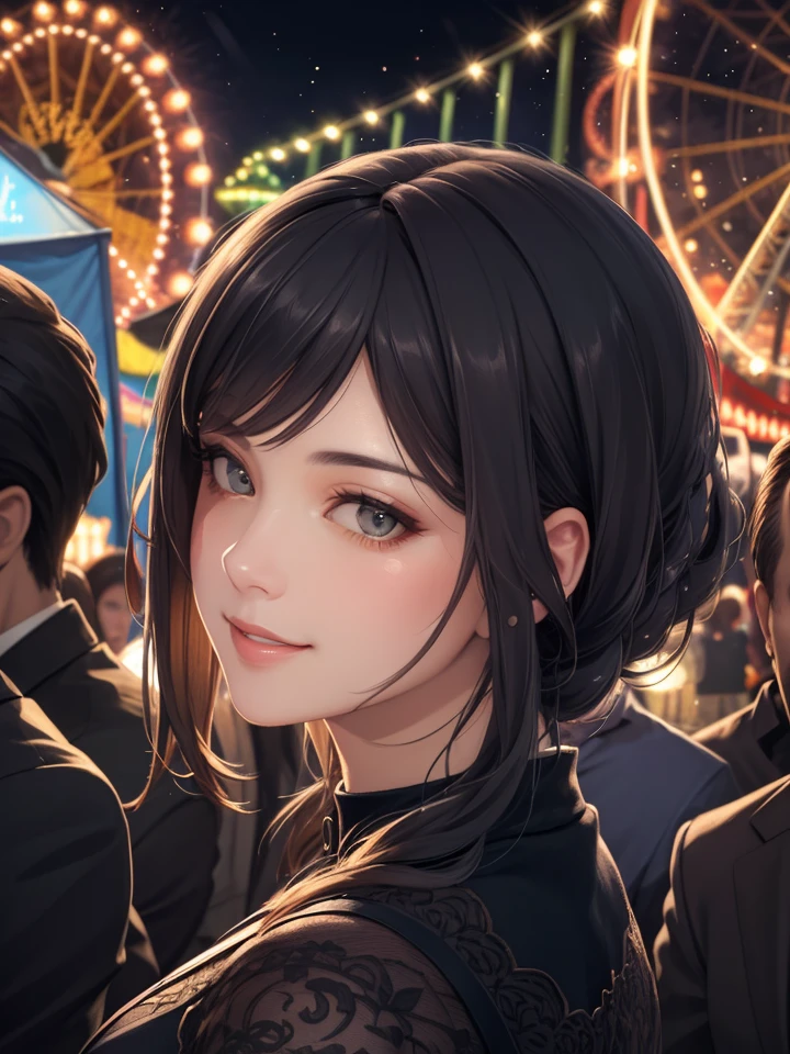 masterpiece, best quality, (perfect face:1.3), realistic, intricate, beautiful scenery, sharp focus, cinematic lighting, moonlight, amusement park, (crowd:1.4), fireworks, (detailed background:1.3), 1woman, bule eyes, light smile,