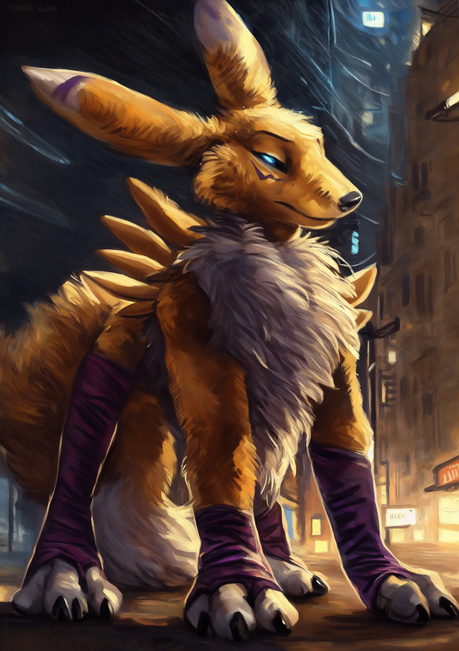 solo, male, (feral, quadruped:1.1), (renamon, digimon), purple markings), (purple legwear, :1.3), canid, glowing eyes,
fur, tuft, neck tuft, chest tuft, fluffy, fluffy ears, inner ear fluff, fluffy tail, hindpaw,
smirk, bedroom eyes, standing,
detailed background, outside, cyberpunk city streets, (shadow, backlighting, starry sky),
by virtyalfobo, by kenket, by darkgem, (by furball),
fur, tuft, neck tuft, chest tuft, fluffy, fluffy ears, inner ear fluff, fluffy tail, hindpaw,
smirk, bedroom eyes, standing,
detailed background, outside, cyberpunk city streets, (shadow, backlighting, starry sky),
by virtyalfobo, by kenket, by darkgem, (by furball),
