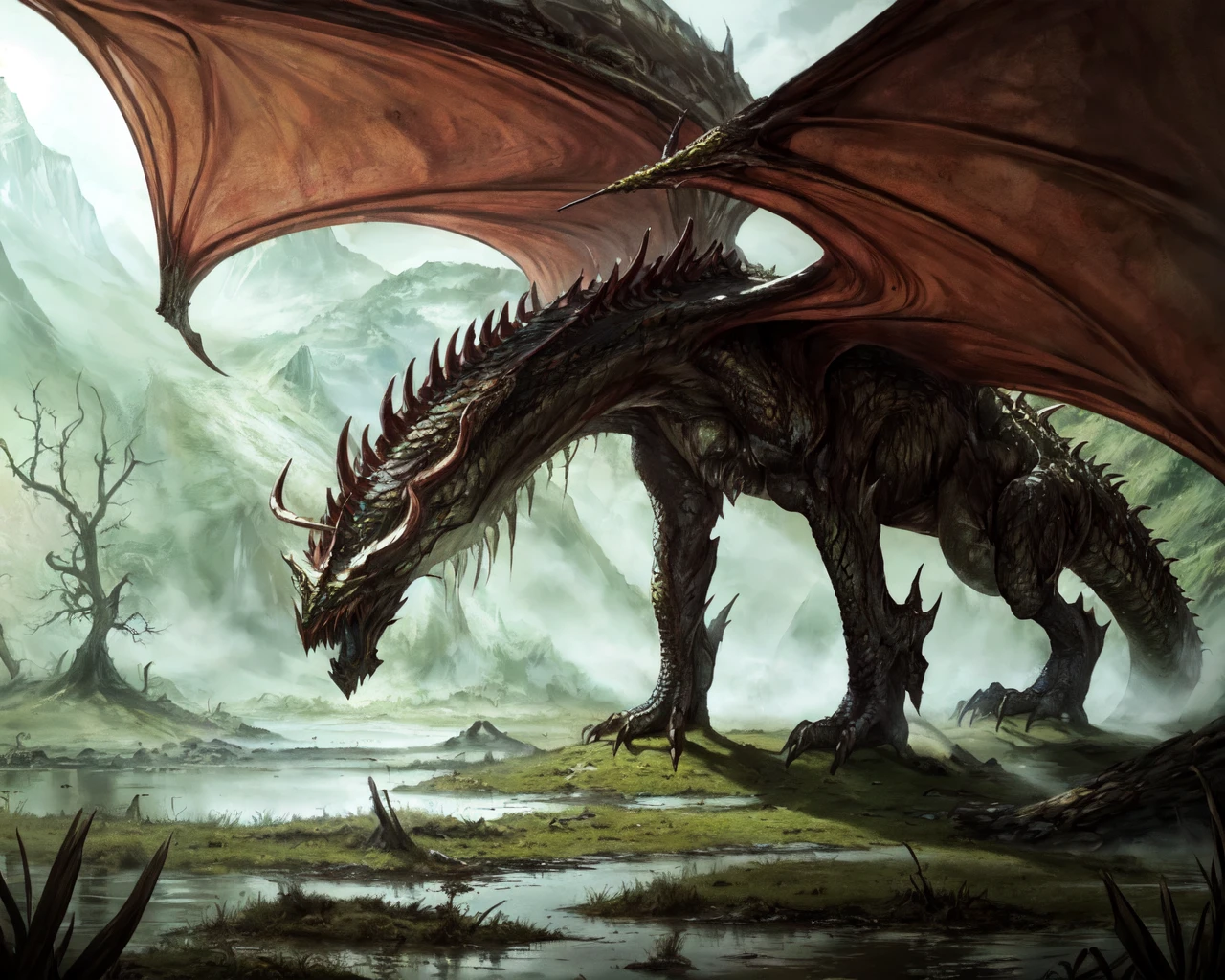 <lora:undead dragon:0.6> undead dragon, at a swamp,
(masterpiece), best quality, highres, 4k, 8k, Detailed Illustration, intricate detail, cinematic lighting, amazing quality, amazing shading, soft lighting