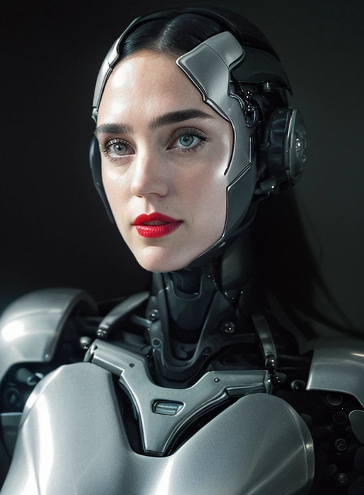 JenniferConnelly, <lora:JenniferConnelly-v15-byShurik:1>clean skin
(closeup) looking at viewer 
(LikenessHelpbyShurik3:1) 
robot
In this striking close-up, a female version of RoboCop stands as a powerful symbol of strength and femininity. (Best quality: 1.3)
Her metallic visage, adorned with sleek armor and intricate details, showcases her formidable presence as a cybernetic law enforcement officer. The contrast of her robotic features with the addition of vibrant, bold lipstick creates a captivating juxtaposition. (Detailed: 1.2)
The carefully applied lipstick adds a touch of femininity, accentuating her human-like lips and drawing attention to the harmonious fusion of man and machine. It is a subtle reminder that beneath the exterior of technology lies a woman who embraces her identity and individuality. (Lipstick accentuation: 1.3)
Her piercing gaze, enhanced by glowing visor-like eyes, radiates determination and focus. It reflects the unwavering commitment to justice and protection that drives her actions. The reflection of the cityscape in her visor hints at the challenges she faces as she patrols the streets, a silent guardian fighting against crime. (Intense gaze: 1.4)<lora:LuisapHumanoidRobots_v1:1> ,