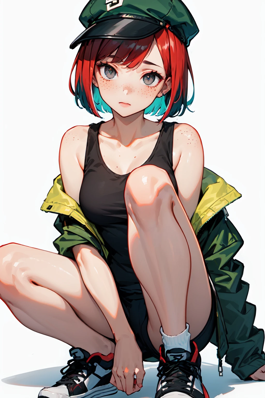 ((masterpiece:1.4, best quality:1.2)), toned, 1girl with a short bob cut hair, red hair, grey eyes, freckles, multicolored hair, green jacket, cap, black tank top, sneakers,