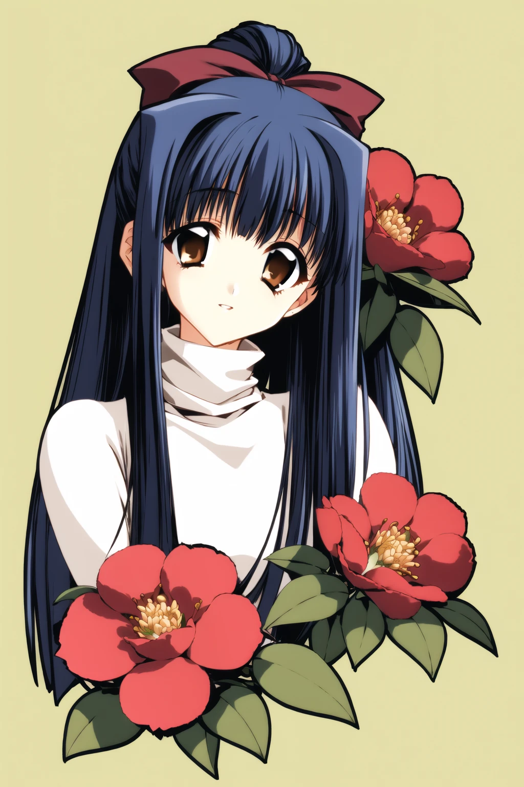 ((masterpiece, high quality, best quality)),
1girl, red flower, long hair, hair ribbon, very long hair, camellia, long sleeves, finger to mouth, brown eyes, ponytail, looking at viewer, upper body, blue hair, hair bow, green background, bangs, smile, breasts, parted lips, floral background, turtleneck, head tilt, shirt,
<lora:carnelian-style_v1.0:1.0>