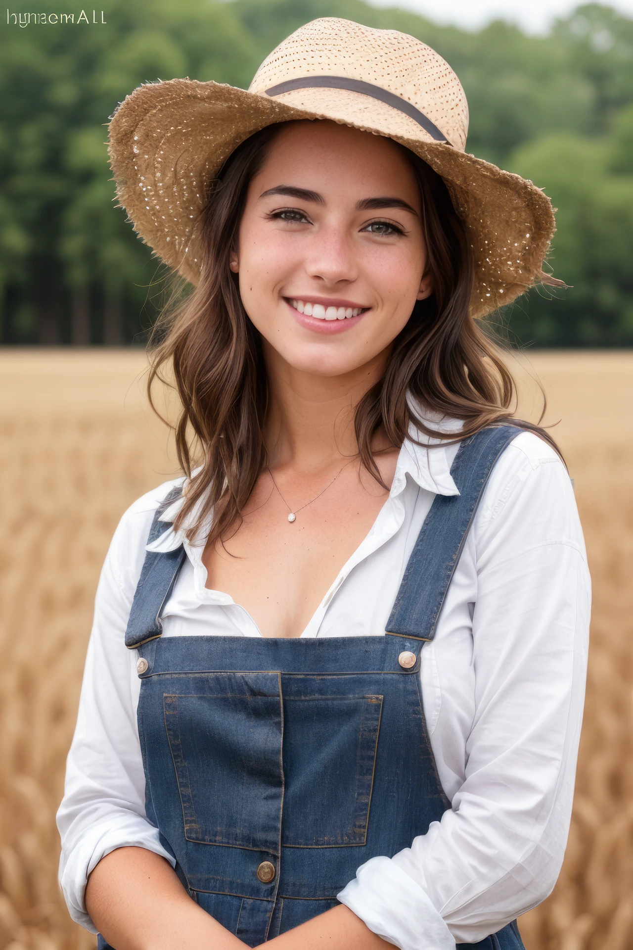 gorgeous female dressed as a farmer, dirty skin, dirty clothes, smile, attractive, flirting, looking at viewer, portrait, photography, detailed skin, realistic, photo-realistic, 8k, highly detailed, full length frame, High detail RAW color art, piercing, diffused soft lighting, shallow depth of field, sharp focus, hyperrealism, cinematic lighting