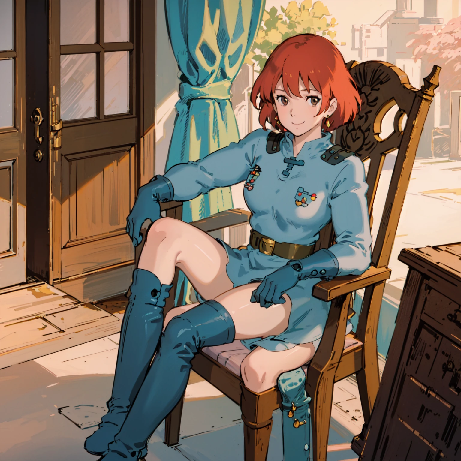 masterpiece, high quality, 1girl,, (masterpiece:1.4), (best qualit:1.4), (high resolution:1.4), 1girl, redhead, brown eyes, smile, Nausicaa, sit on a chair, no panties, high boot, colorful, full body, ghibli style, sfw,  <lora:Nausicaa-000007:0.8>