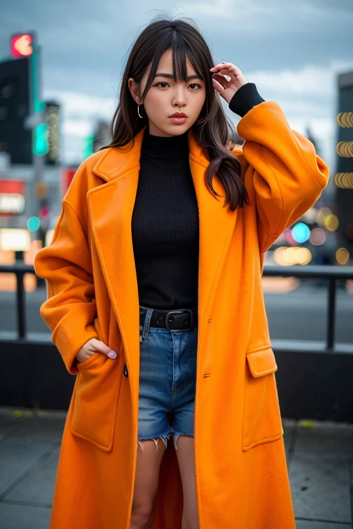 (wearing oversized_coat:1.3),woman posing for a photo, orange coat, sweather under the coat, half body shot,
good hand,4k, high-res, masterpiece, best quality, head:1.3,((Hasselblad photography)), finely detailed skin, sharp focus, (cinematic lighting), night, soft lighting, dynamic angle, [:(detailed face:1.2):0.2],(((city background))),  <lora:oversized_coat-10:0.5>