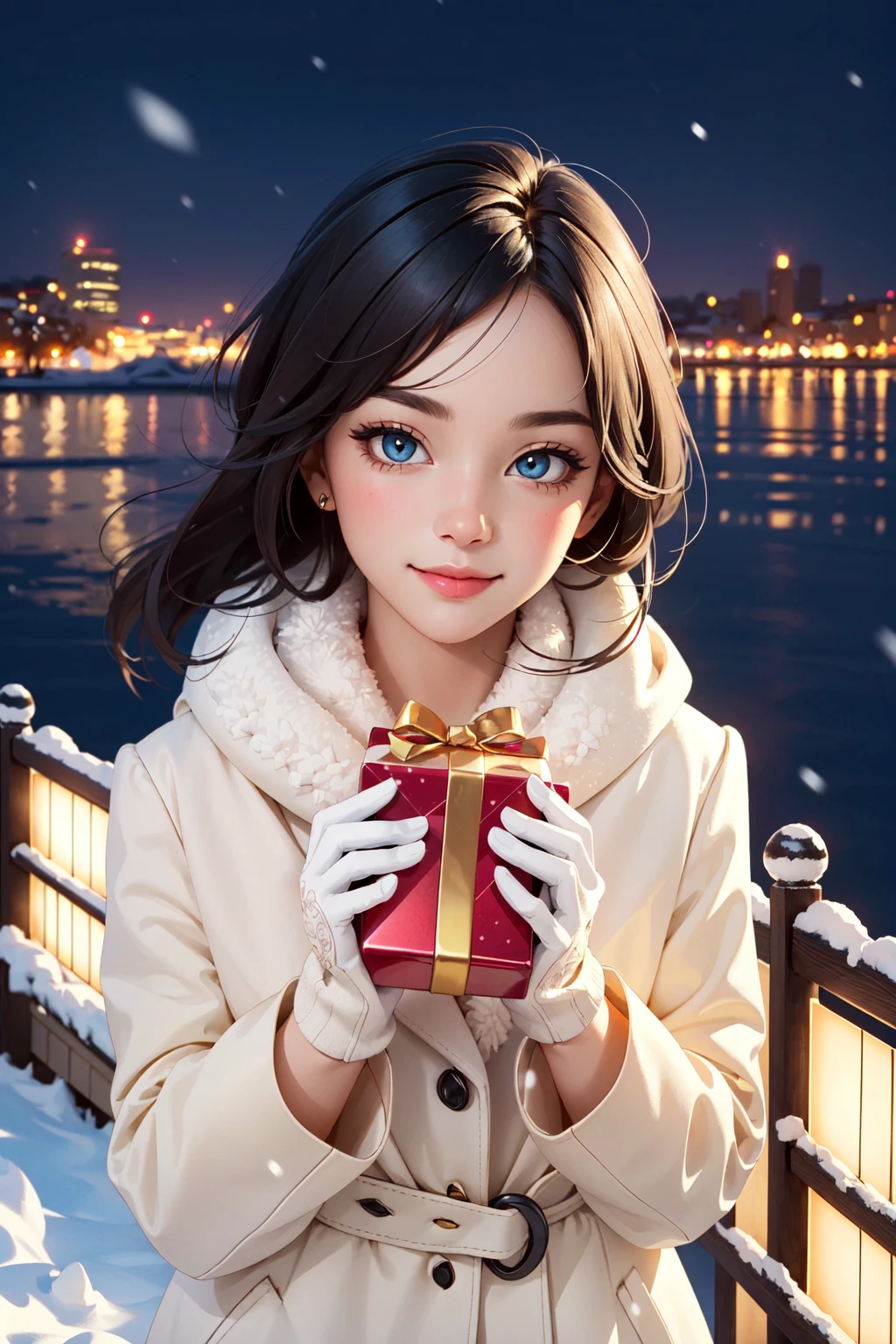 (masterpiece, best quality:1.4), (beautiful, aesthetic, perfect, delicate, intricate:1.2),(realistic:1.3), cinematic shot, cinematic lighting, (depth of field), (1girl, solo), (pov, focus face, from above, upper body), (perfect face, beautiful eyes), cute, adorable, winter clothes, (winter white gloves), black hair, (beautiful scenery, cityscape, snowing, night sky), (holding gift:1.4), smile, blush, looking at viewer, (cowboy shot),
