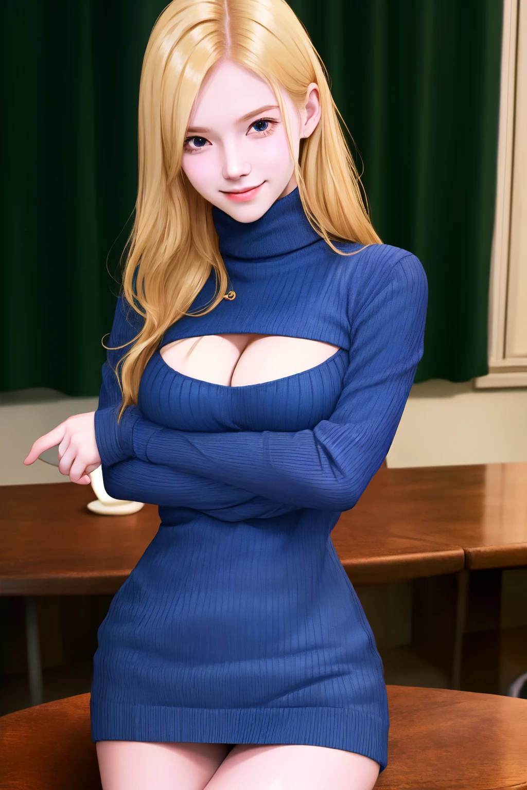 <lora:open-chest-sweater:1> 1girl,solo, open chest sweater, ribbed sweater, turtleneck sweater, crossed arms, pencil skirt, looking at viewer, long hair, smile, blonde hair