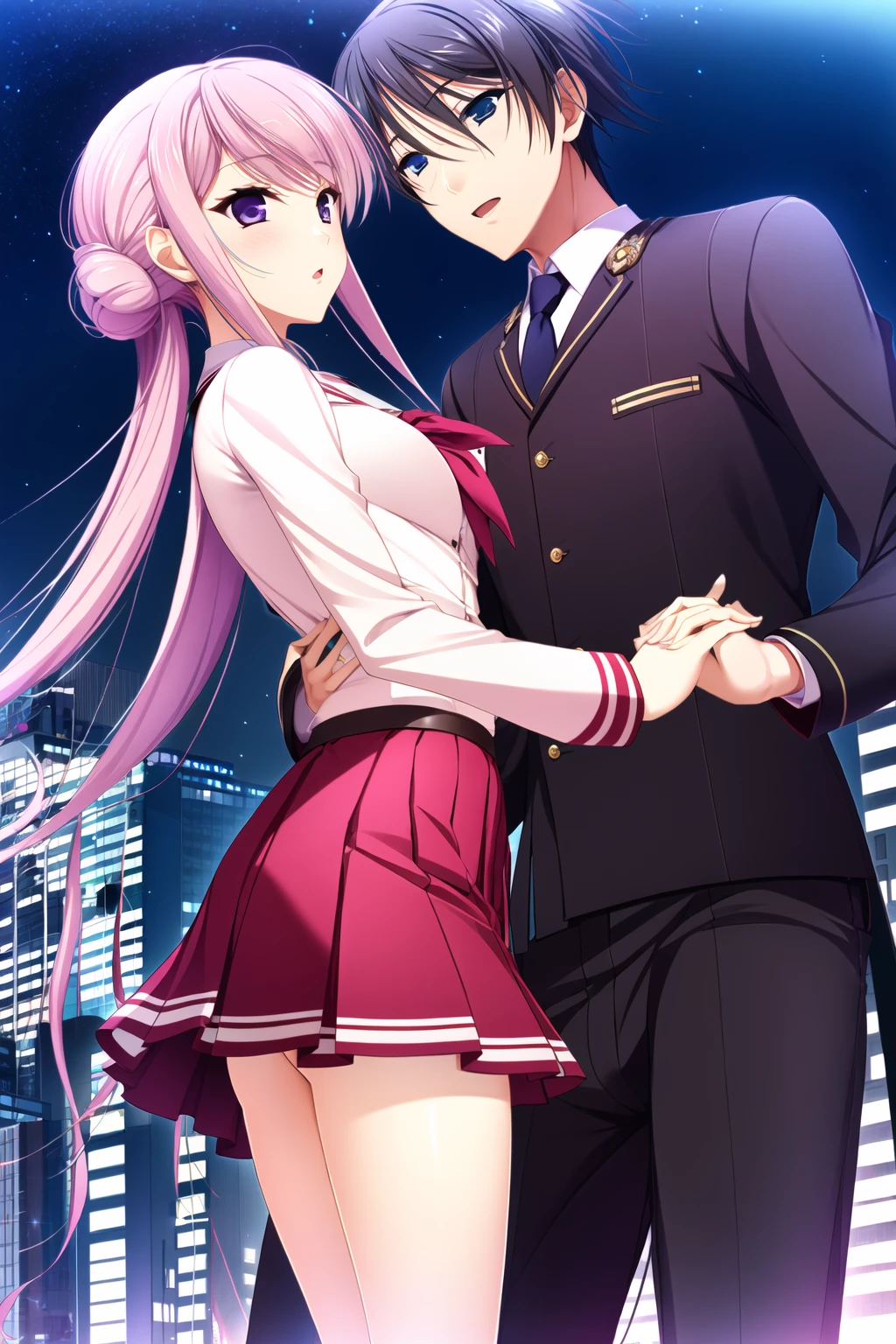 ((masterpiece, high quality, best quality)),
pink hair and purple eyes 1girl, school uniform, black hair and blue eyes 1boy, holding hands, girl is long hair, boy is short hair, night sky, couple, hetero, faceless male, dancing,
<lora:komori-style_v3.0:1.0>
