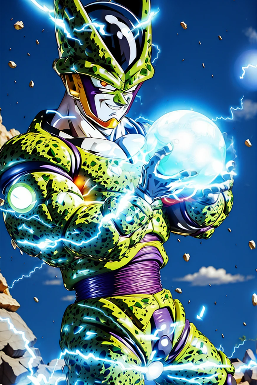 <lora:Kamehameha_V1-10:1>, kamehameha, charging, casual wear, look at viewer, (energy ball), electricity, aura, <lora:Cell:0.7> perfect_cell, grin, red_eye