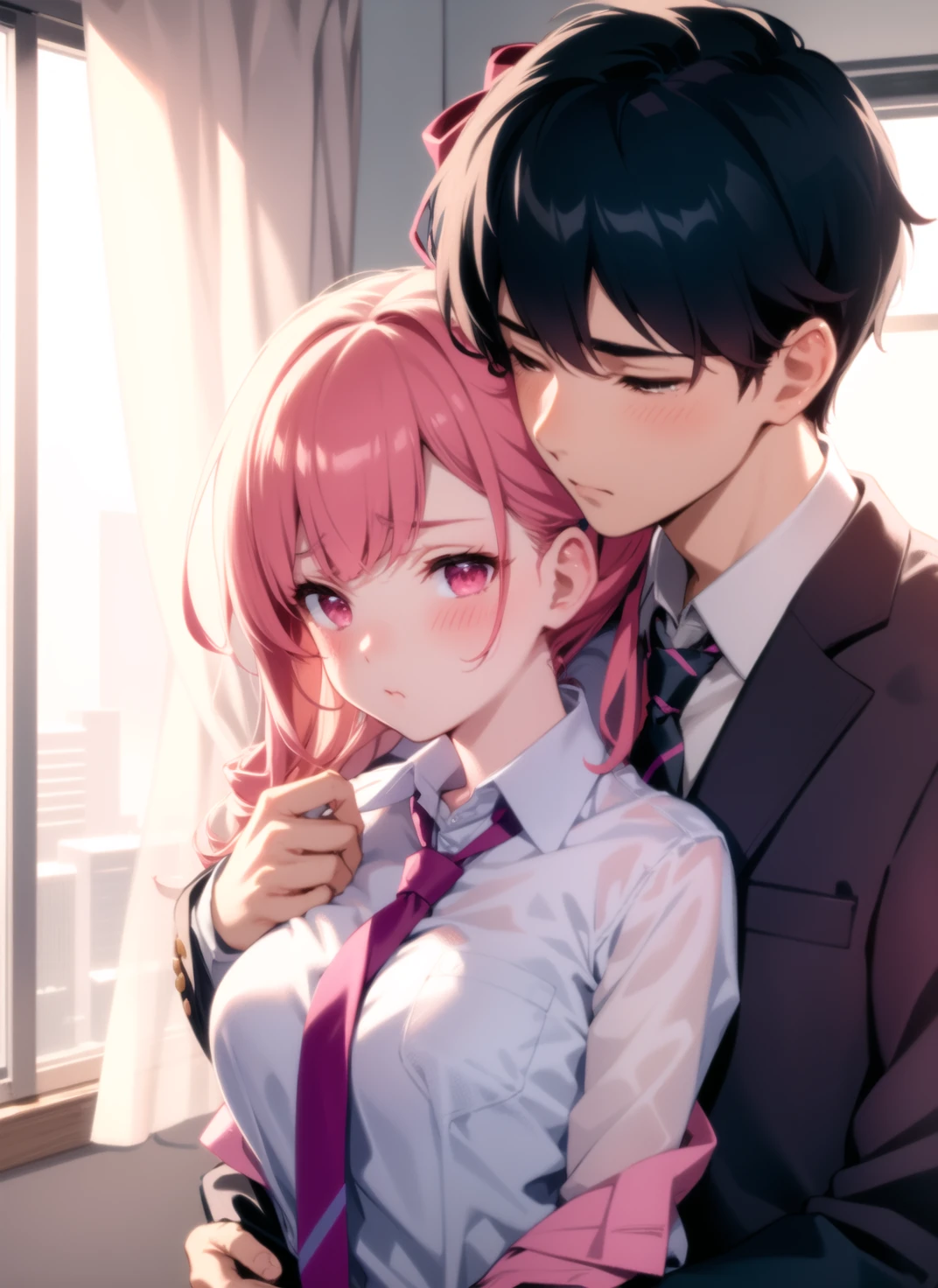 1boy, 1girl,blazer, blush,closed eyes,  collared shirt,hair ribbon,, necktie, one side up, pout,   ribbon, shirt, upper body, indoors,lens flare,(girl hugging boy),(hetero,hug from behind:1.2), <lora:HUGGY:0.7>