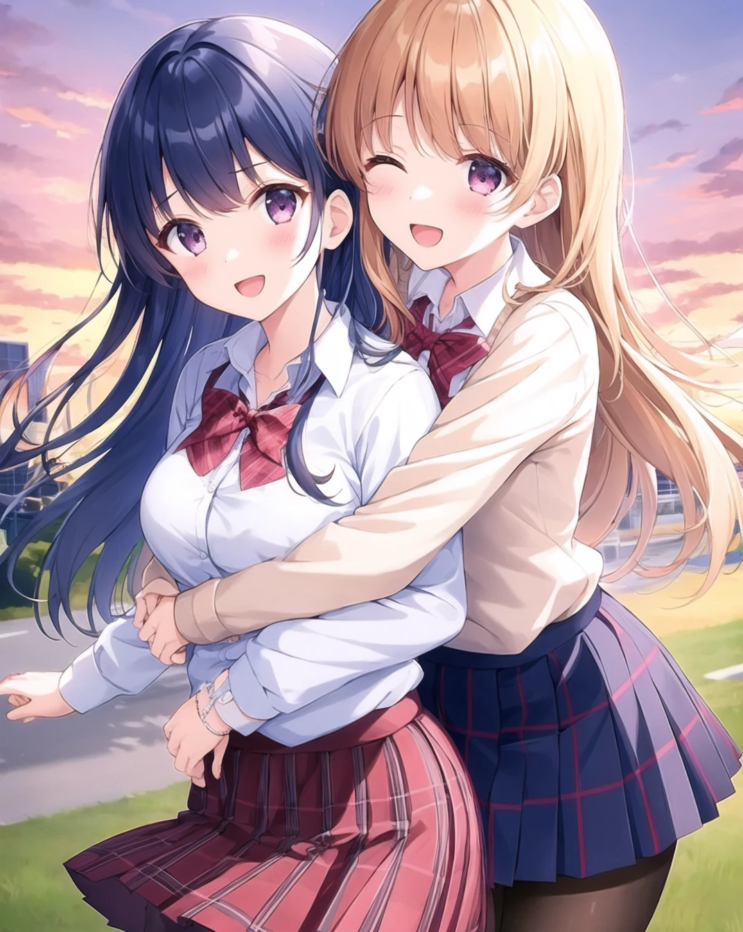2girls, :d, bangs, bow, long hair, open mouth, outdoors, pantyhose, plaid, plaid bow, plaid skirt, pleated skirt, school uniform, shirt, skirt, smile,(hug from behind), sunset, white shirt, yuri, <lora:HUGGY:0.7>