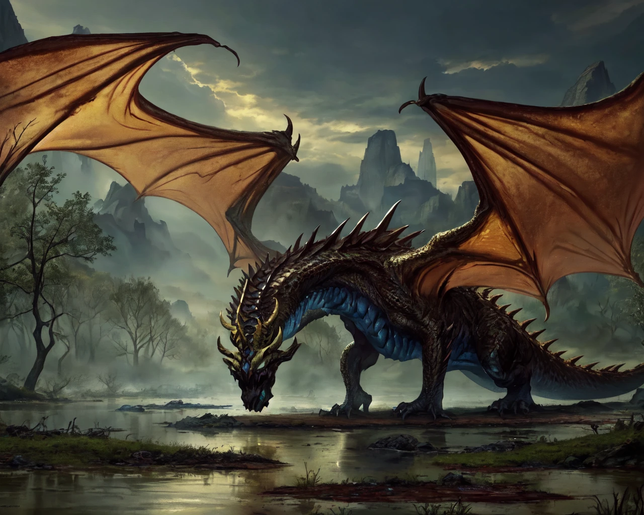 <lora:undead dragon:0.6> undead dragon, at a swamp,
(masterpiece),  best quality, highres, 4k, 8k, Detailed Illustration, intricate detail, cinematic lighting, amazing quality, amazing shading, soft lighting