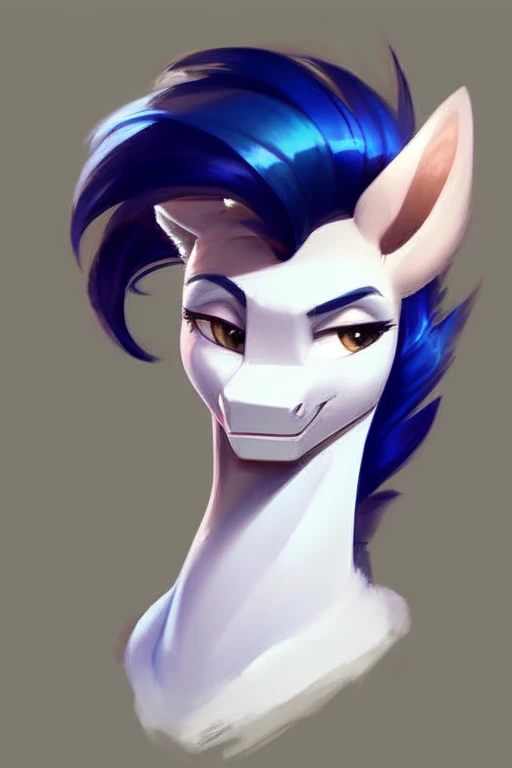 rating_safe, score_9, source_pony, Ice white stallion with a long dark blue mane, smile, portrait