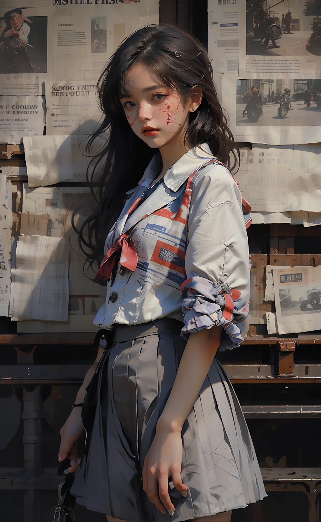 (masterpiece,top quality,best quality,official art,beautiful and aesthetic:1.2),
1girl,newspaper background,standing, blood on face,
<lora:jk uniform:0.3:CL> ,(jk_style,jk,school uniform), <lora:cuteGirlMix4_v10:0.4:FC> <lora:Newspaper:1><lora:SteamPunkMachineryv2:0.5> SteamPunk,