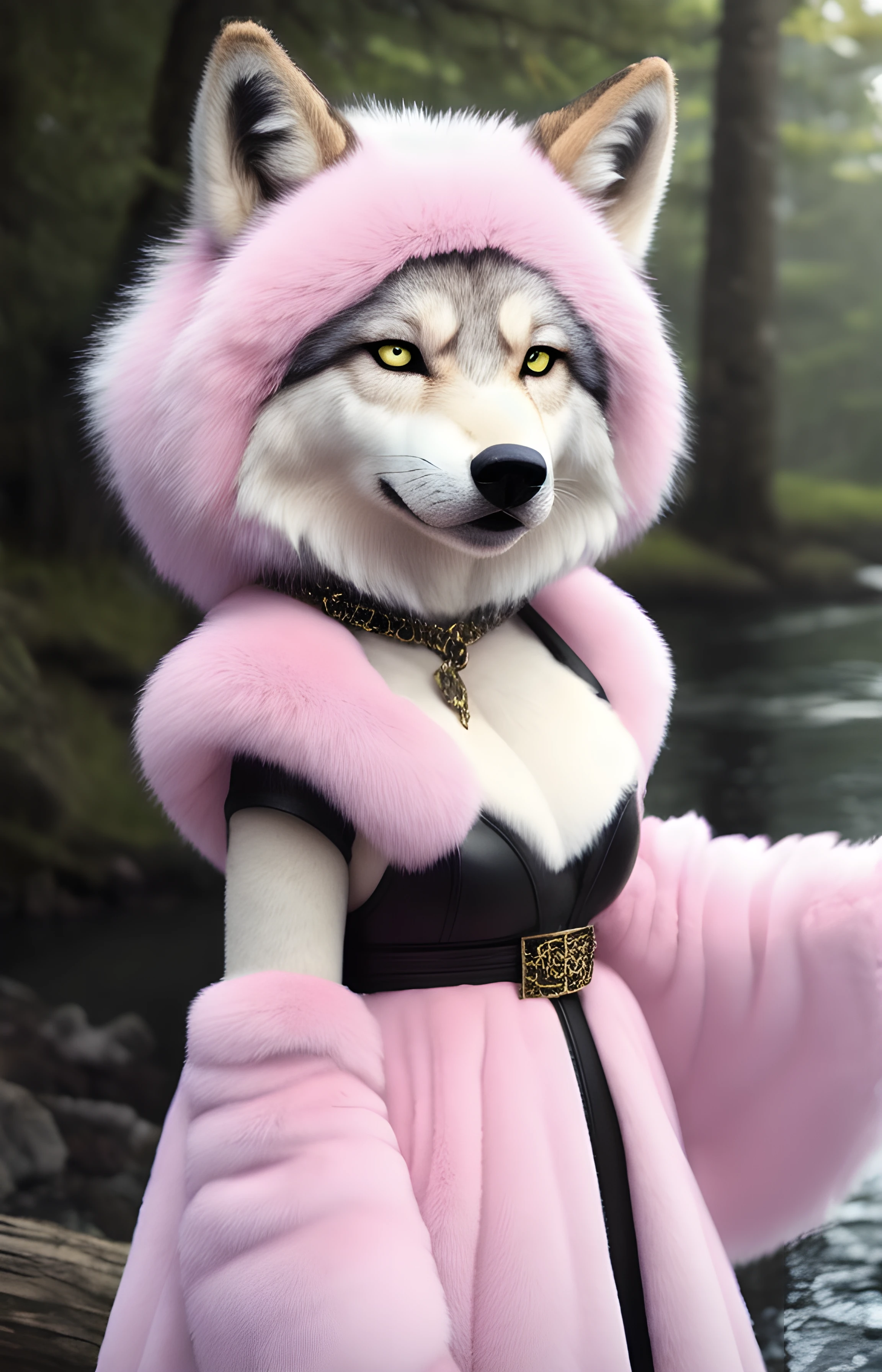 1girl, furry girl, anime furry women, (best quality)), ((masterpiece)), ((realistic)), (detailed), portrait, close up, young female, RAW photo, uhd, dslr, rainbow hair, high quality, realistic, photo realistic, dreamlikeart, lens flare, upper body, looking at viewer, animal focus, furry, wolf fursuit, 1girl, cute, kawaii, lovely, fur, fur head, wolf head, narrow waist, wolf ears, chocker with rope, blush, paw, paw shoes, rainbow clothes, stunning gradient colors, no watermark signature, detailed background, woods, small lake with island, insanely detailed, ((masterpiece)), absurdres, HDR