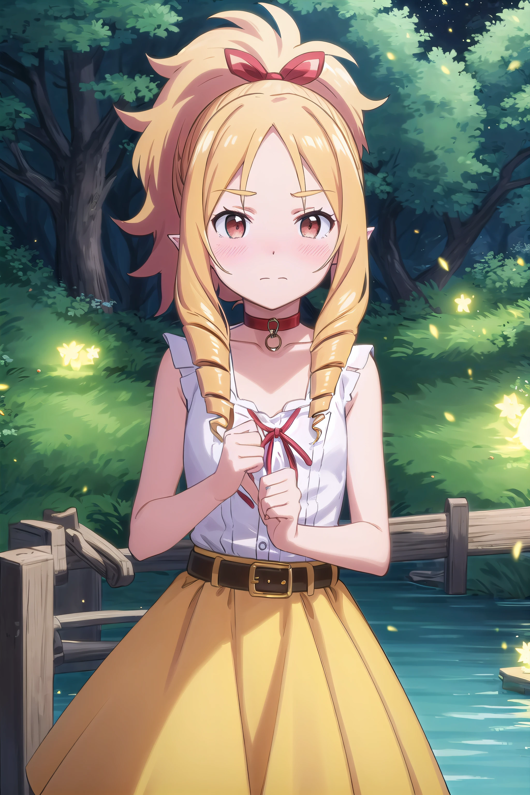 best quality, (masterpiece:1.2), highly detailed,
outdoors, night, fireflies, tree, lake,
<lora:chara_Eromanga-sensei_YamadaElf_v2:0.8>, yamada elf,
1girl, solo, standing, looking at the viewer, closed mouth, nose blush,
blonde hair, long hair, ponytail hair, drill hair, brown eyes, pointy ears, 
red ribbon, white shirt, sleeveless, yellow skirt, belt, red choker