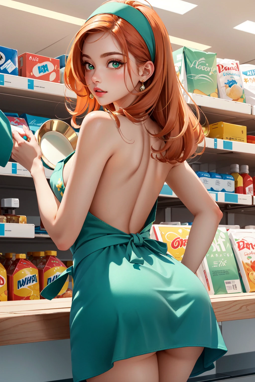 (masterpiece, best quality:1.4), (beautiful, aesthetic, perfect, delicate, intricate:1.2), (cute, adorable), ultra-detailed, finely detailed, intricate details, smooth lighting, beautiful lighting, perfect lighting, a woman working at a convenience store, perfect face, detailed face, pink lips, glossy lips, makeup, expressive eyes, (orange hair, price hair with a green headband), (naked ass, ass:1.2), (green apron, apron tie over ass:1.4), (store shelves), (from behind, cowboy shot),