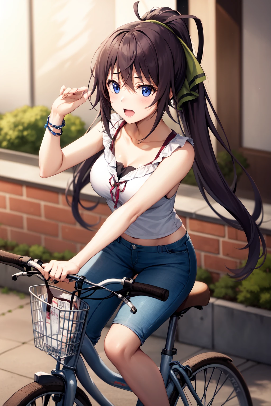 shinonono houki, <lora:ShinononoHoukiV13:1>, 1girl, solo, riding bike, casual, , highres, absurdres,