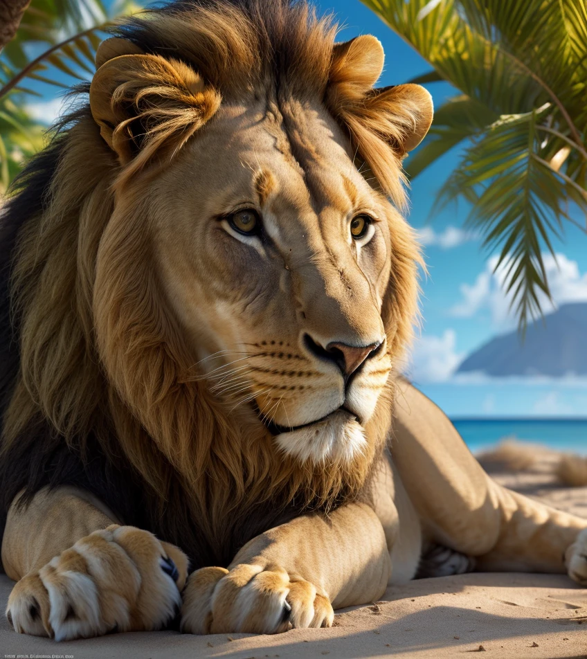 In this high-definition and incredibly realistic image, we find a majestic lion in a paradisiacal setting. The image is captured in stunning 8K resolution, allowing for an exceptional level of detail and realism.