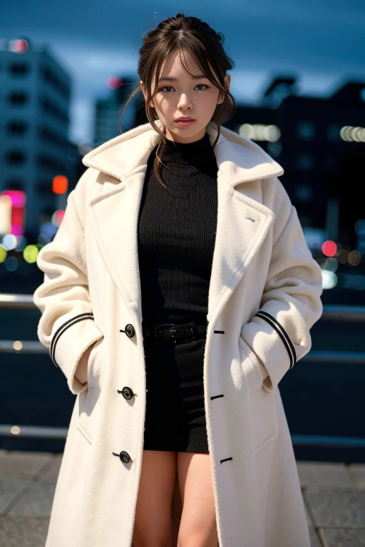 (wearing oversized_coat:1.3),woman posing for a photo, white coat, sweather under the coat, half body shot,
good hand,4k, high-res, masterpiece, best quality, head:1.3,((Hasselblad photography)), finely detailed skin, sharp focus, (cinematic lighting), night, soft lighting, dynamic angle, [:(detailed face:1.2):0.2],(((city background))),  <lora:oversized_coat-10:0.5>
