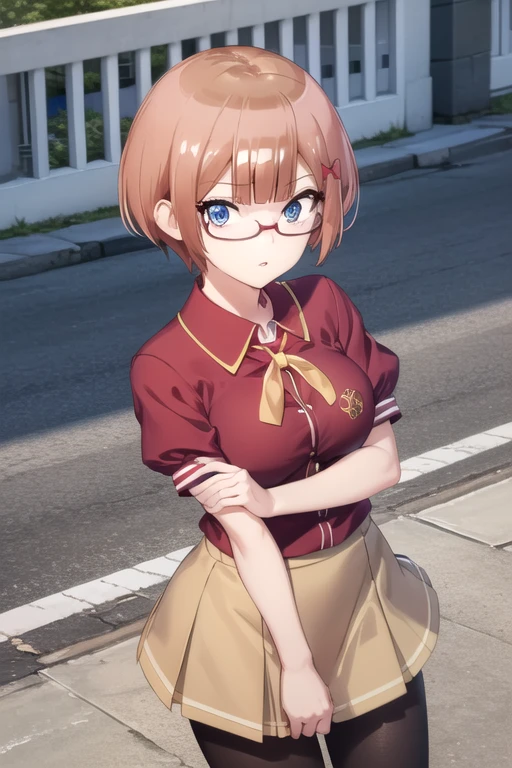 (extremely detailed CG unity 8k wallpaper), (masterpiece), (best quality), (ultra-detailed), (best illustration), (best shadow), (absurdres), 1girl, solo, <lora:ogata_v2:0.8>, ogata rizu, (school uniform, red shirt, short sleeves:1.2), brown skirt, leggings, looking at viewer, parted lips