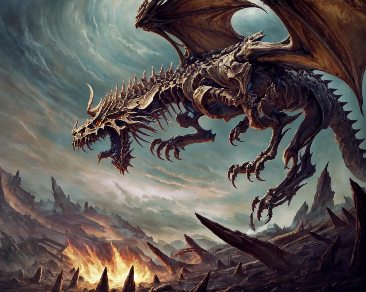 <lora:bone dragon:0.65> bone dragon flying while spitting poison,
(masterpiece), best quality, highres, 4k, 8k, Detailed Illustration, intricate detail, cinematic lighting, amazing quality, amazing shading, soft lighting