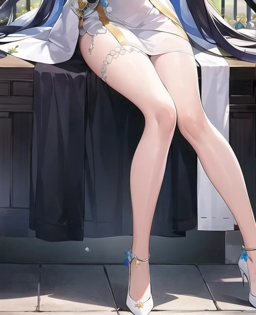 <lora:AnimeLeges:1>,1girl, long hair, solo, high heels, sitting, dress, flower, white dress, legs, very long hair, lower body,