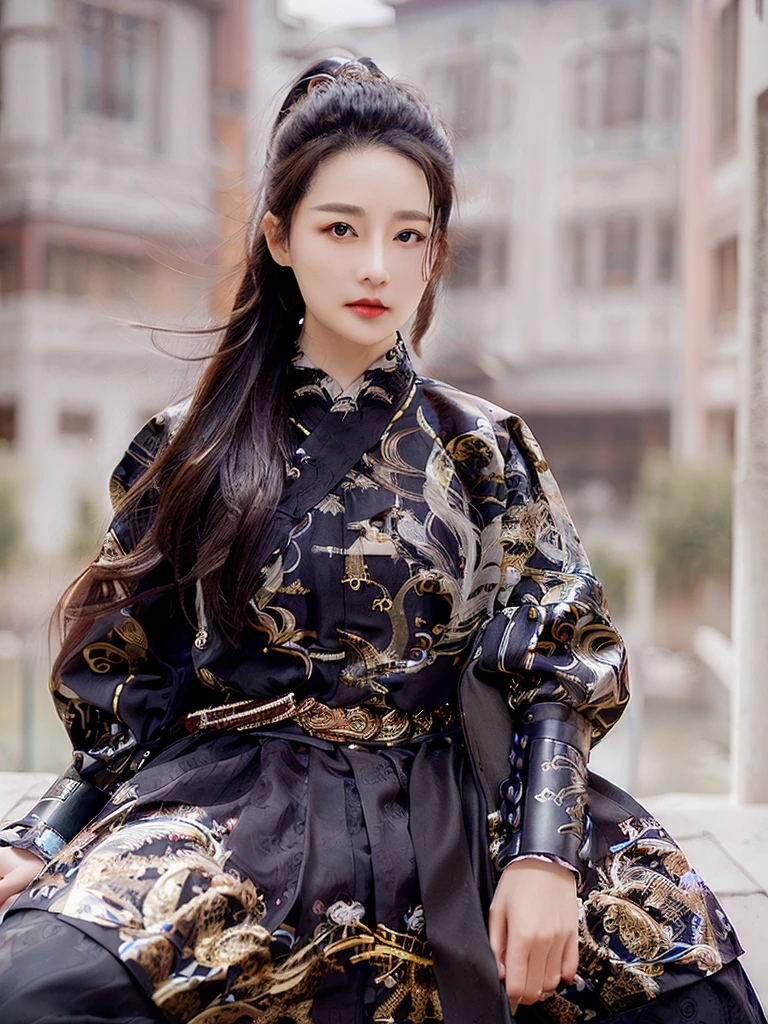 1girl,blue fabric, golden embroidery, black belt with golden embroidery, white collar, wearing red zhaojia, wearing the feiyu_clothes sitting, black bracer with golden embroidery,(RAW photo, best quality), (realistic, photo-realistic:1.4), masterpiece, an extremely delicate and beautiful, extremely detailed, 2k wallpaper, Amazing, finely detail, extremely detailed CG unity 8k wallpaper, ultra-detailed, highres, soft light, beautiful detailed girl, extremely detailed eyes and face, beautiful detailed nose, beautiful detailed eyes,cinematic lighting,city lights at night,perfect anatomy,slender body,smiling <lora:FYF_v123:0.9> <lora:Liqin_v1:0.8>
