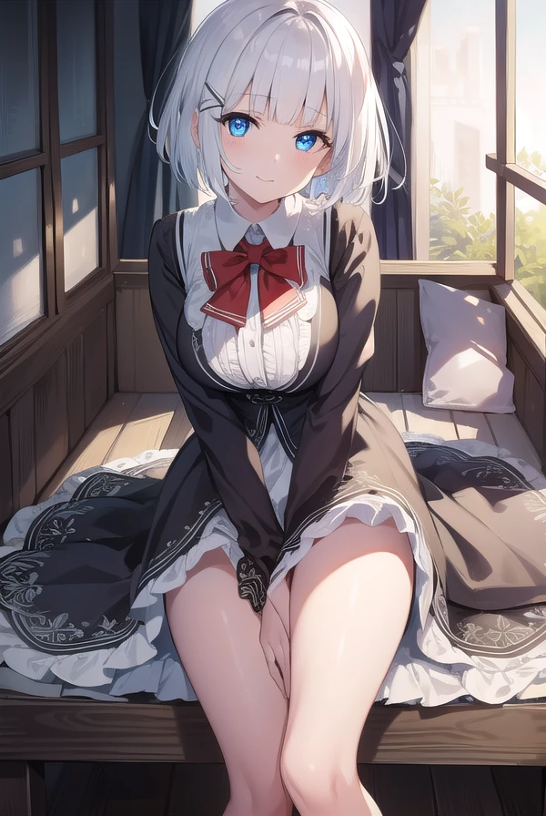 detectivesiesta, <lora:siesta:1>, smile, short hair, bangs, blue eyes, shirt, hair ornament, long sleeves, dress, bow, white hair, hairclip, blunt bangs, bowtie, red bow, x hair ornament, red bowtie, siesta, (medium breast:1.2), BREAK looking at viewer, BREAK outside, BREAK <lora:GoodHands-vanilla:1>, (masterpiece:1.2), best quality, high resolution, unity 8k wallpaper, (illustration:0.8), (beautiful detailed eyes:1.6), extremely detailed face, perfect lighting, extremely detailed CG, (perfect hands, perfect anatomy),