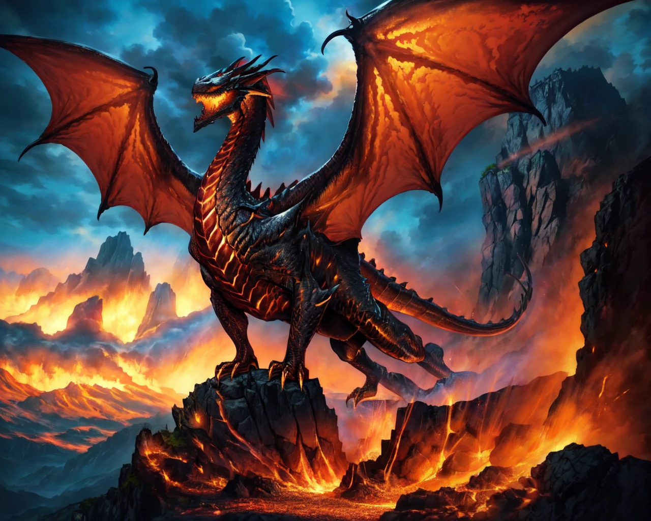 <lora:magma dragon:0.7> magma dragon on top of a cliff,
(masterpiece), best quality, highres, 4k, 8k, Detailed Illustration, intricate detail, cinematic lighting, amazing quality, amazing shading, soft lighting