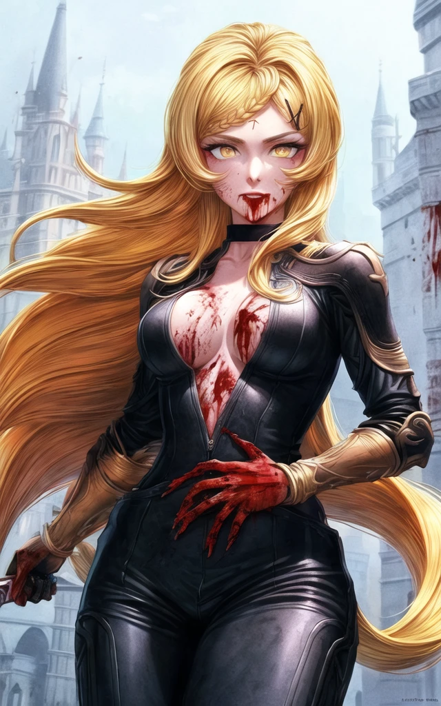 ultra-detailed, 1990s\(style\), retro art style looking at viewer, cowboy shot, 1 girl, looking at viewer, solo, confused, from below, blonde hair, yellow eyes, bare breasts, hands, in the hands of a sword with a golden hilt, blood near the mouth, hands in blood, background,castle, <lora:add_detail:1.0>, <lora:Five:0.9>