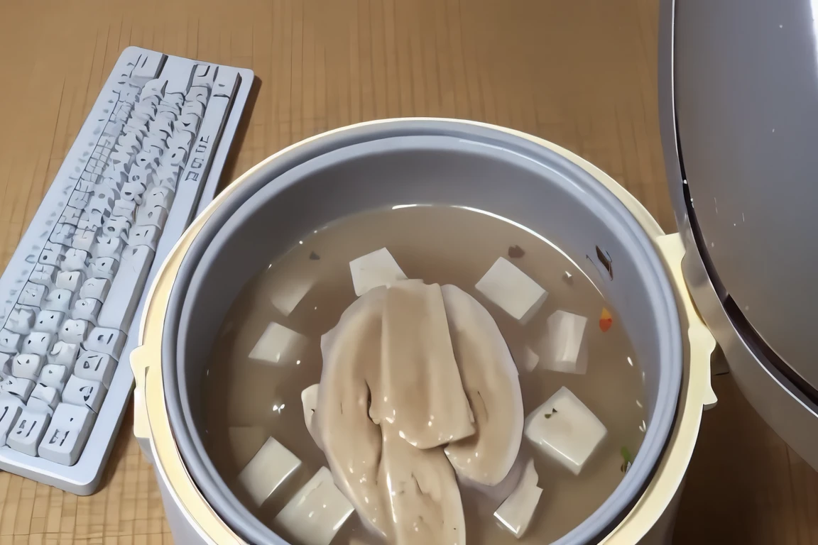 (KAMO:1),a pot of soup sitting on a table next to a keyboard and mouse on a desk top with a keyboard, 3d, blurry, blurry_background, blurry_foreground, cup, depth_of_field, food, motion_blur, no_humans, photo_\(medium\), still_life, rice_cooker, open_rice_cooker
, <lora:the_Kinkiest_Aberration_Meal_Order_v1:0.5>