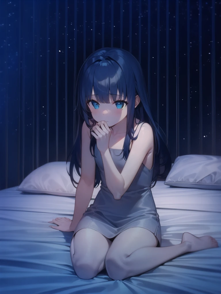 1girl,blue hair,sitting,night,room,bed,against wall, <lora:night-r-000004:1>